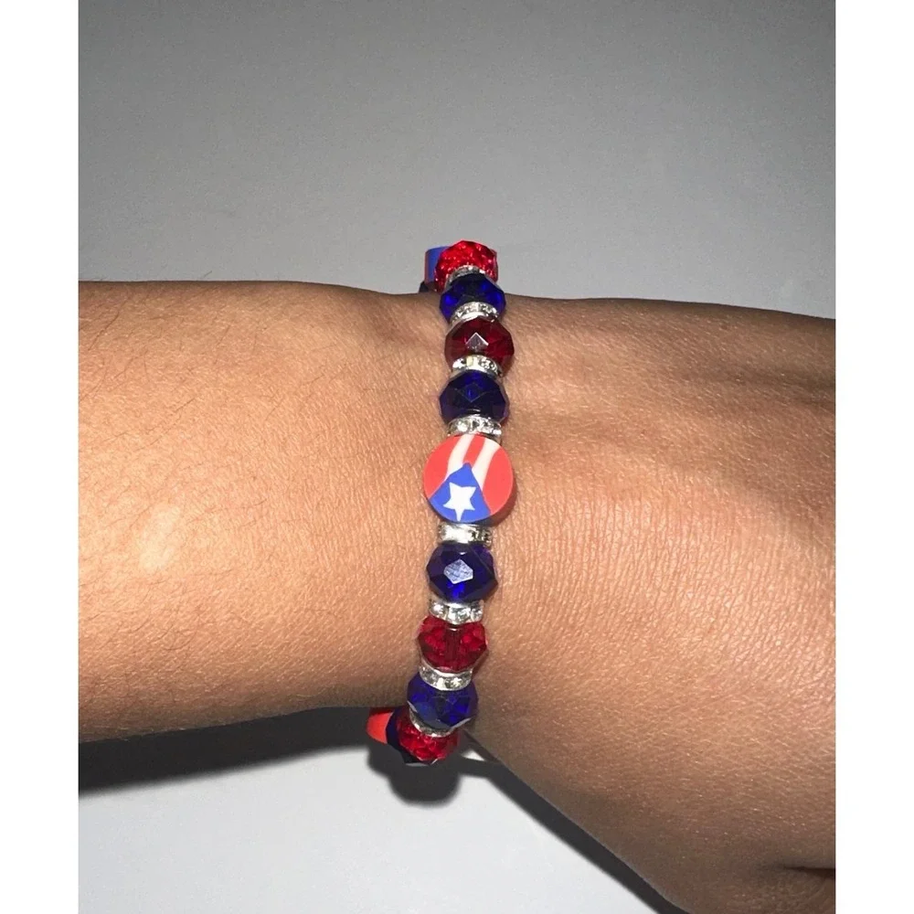 Puerto Rico Flag Beaded Elastic Stretch Bracelet Red Blue Bangle Jewelry